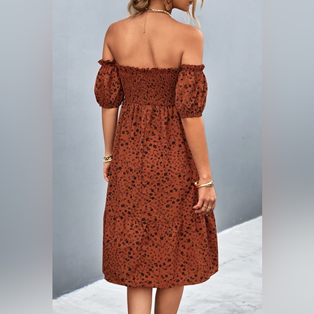 Ditsy Floral Smocked Frill Trim Off-Shoulder Dress - Picture 2 of 6